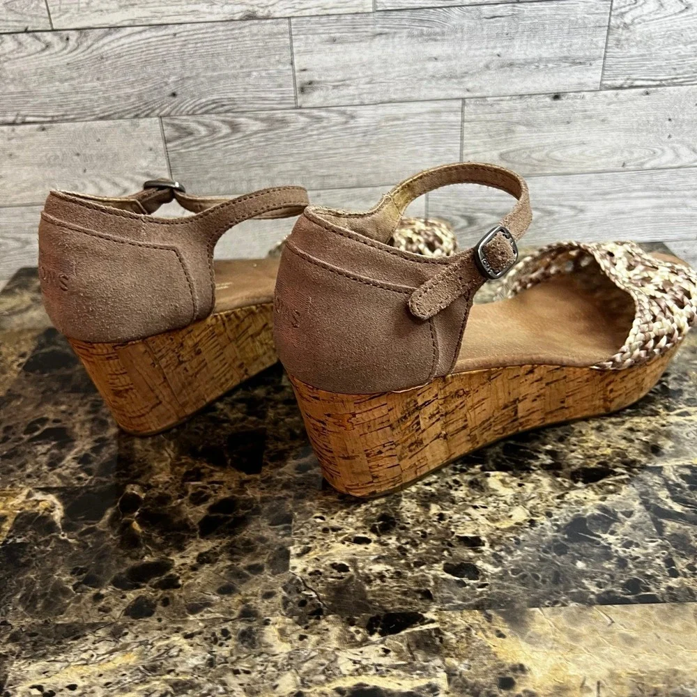 TOMS Platform Wedge Tan Stucco‎ Suede Woven Open Toe Cork Sandals Womens US 8